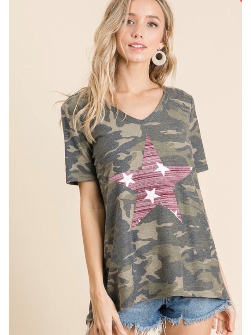 camouflage top, vintage star top, v-neck top, camo and pink top
